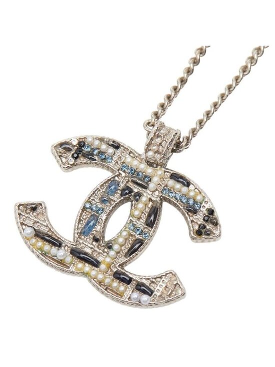 Chanel Jewelry - Chanel CC Logo Pearl Tweed Silver Black Blue Metal